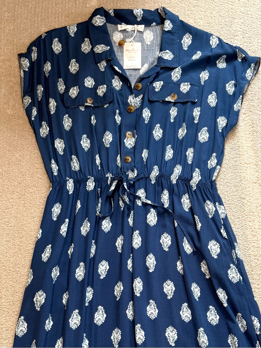 Lucky Brand Midi Blue Collared Shirt Dress Button Drawstring Waist Size L NWT - Picture 3 of 12